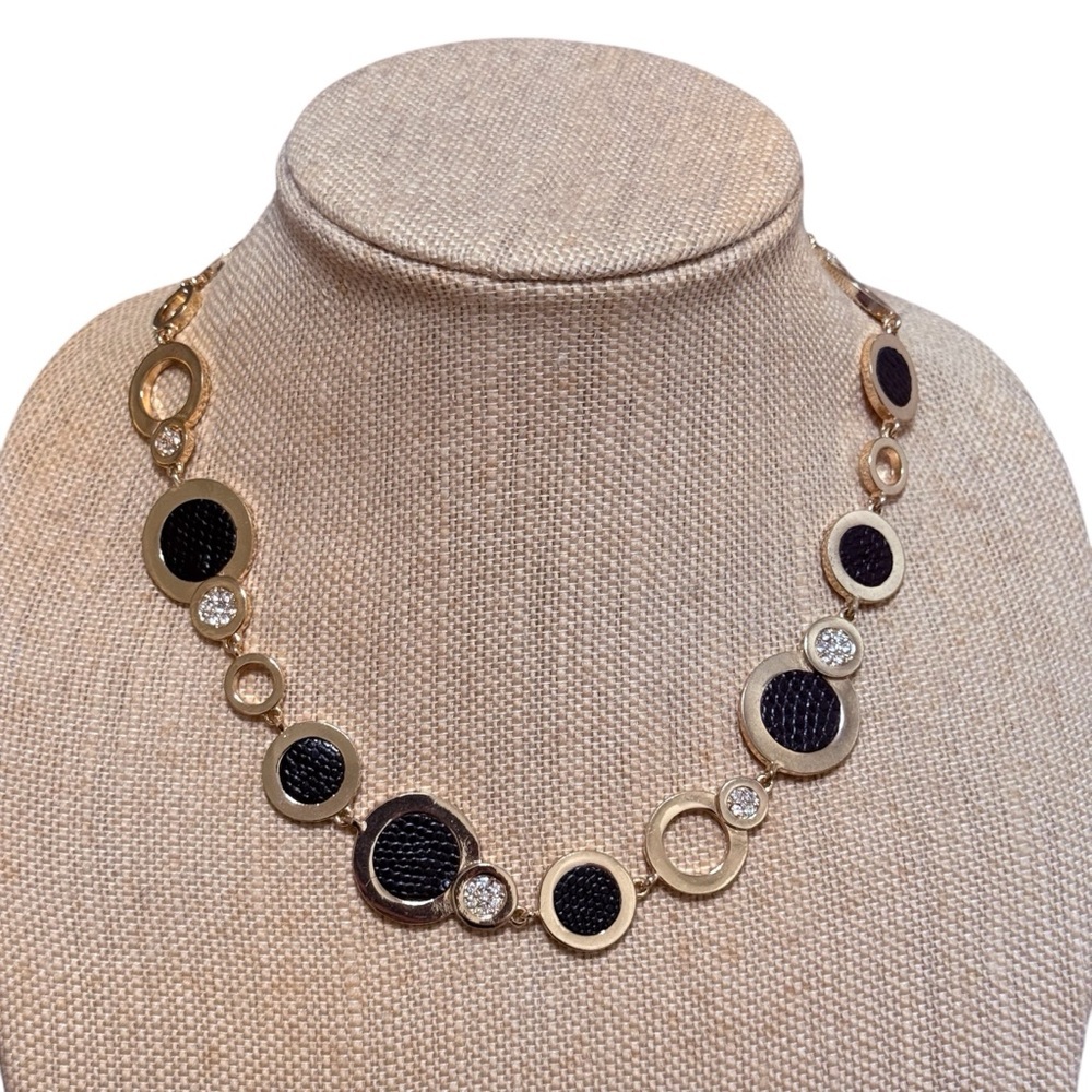 Anne Klein Gold Tone Circle Necklace Black Rhinestone Statement 16.5"